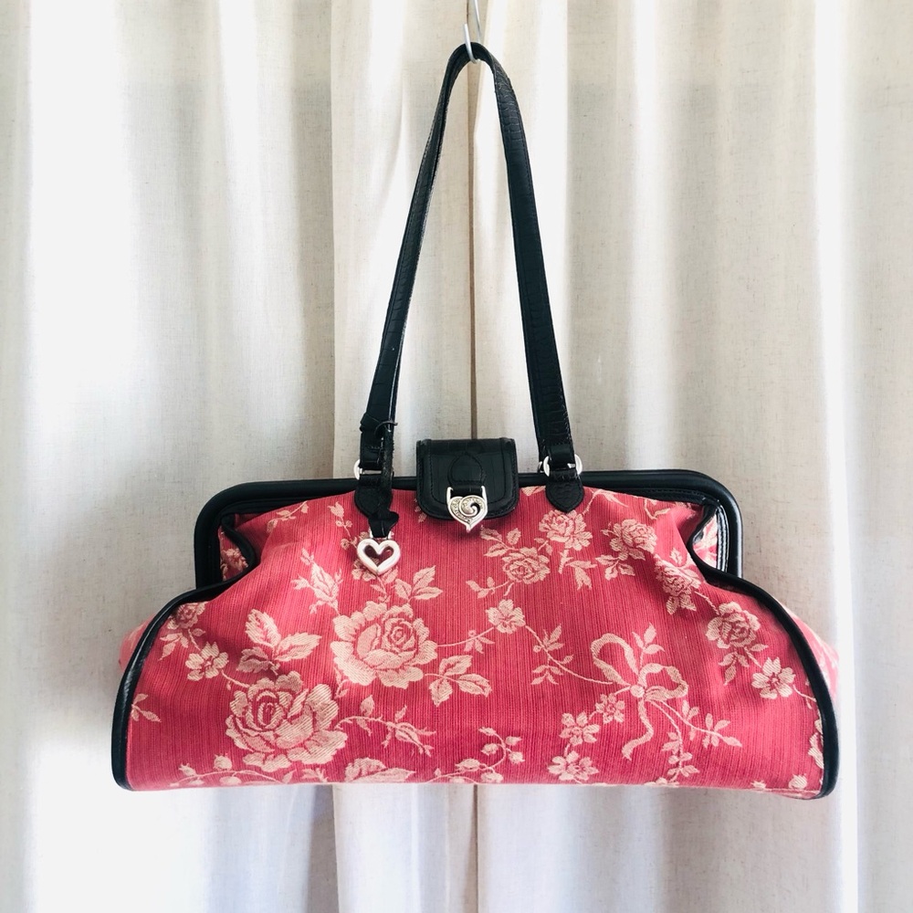 Brighton Pink Floral Shoulder Bag with Black Trim and Heart Charm